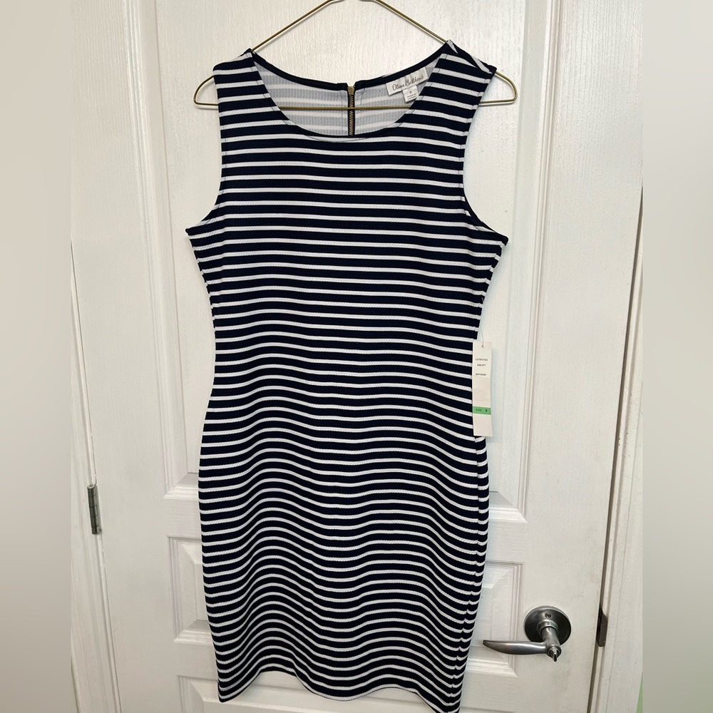Olivia Matthews Navy Blue/Ivory Striped Stretchy Sleeveless Dress Size 8. NWT!